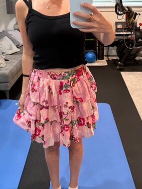 LoveShackFancy Pink Floral Tiered Mini Skirt
